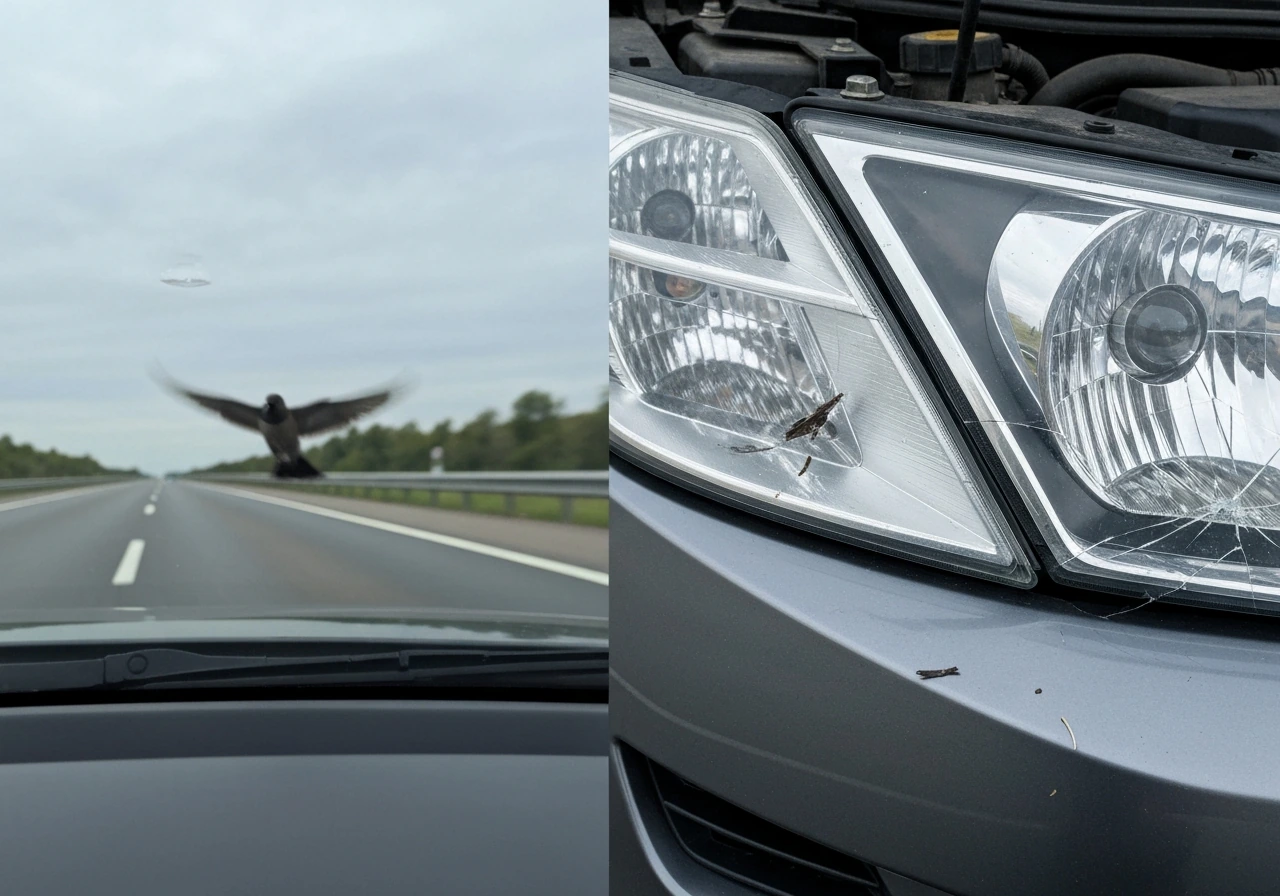 Left shows a near-miss bird strike by a windshield; right shows a damaged headlight from a bird impact.