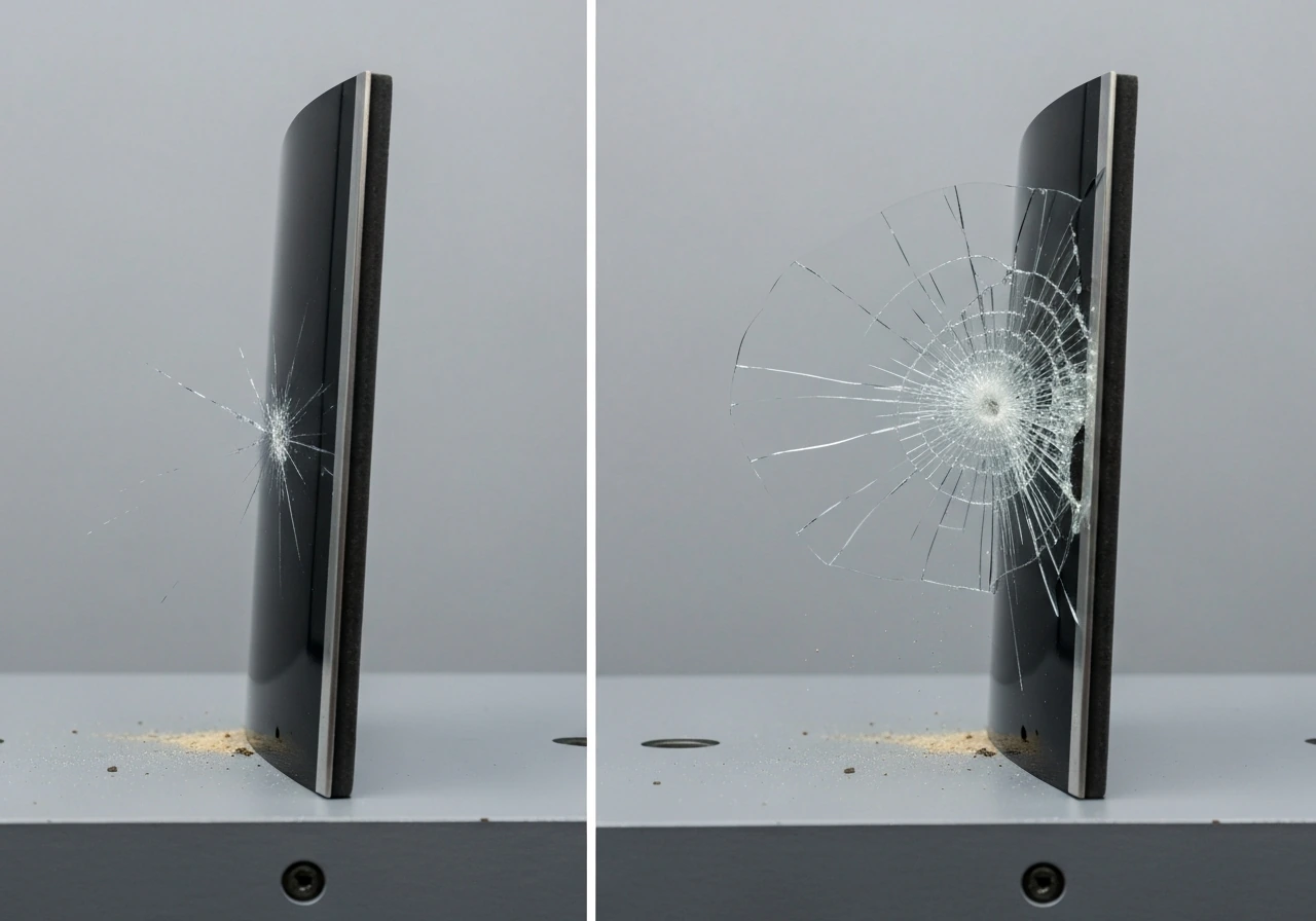 Side-by-side aircraft windshield/airframe panels: minor low-speed damage vs extensive high-speed shatter.