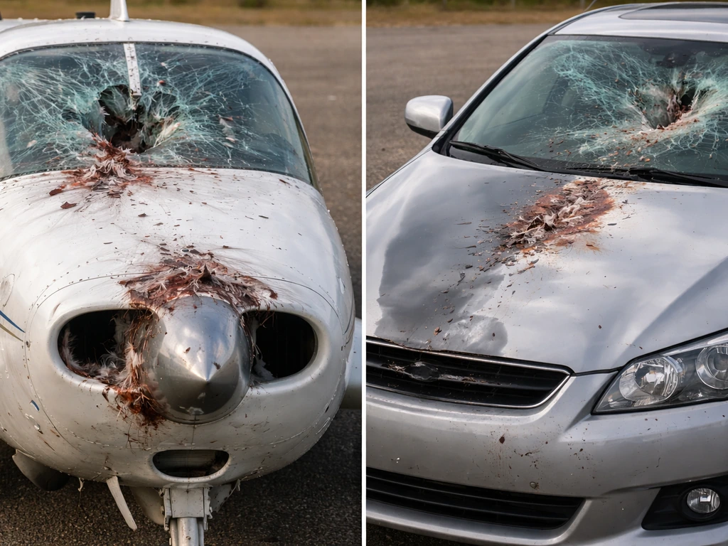 Minimal side-by-side view of bird-strike damage: shattered aircraft windshield and a dented car hood/roof.