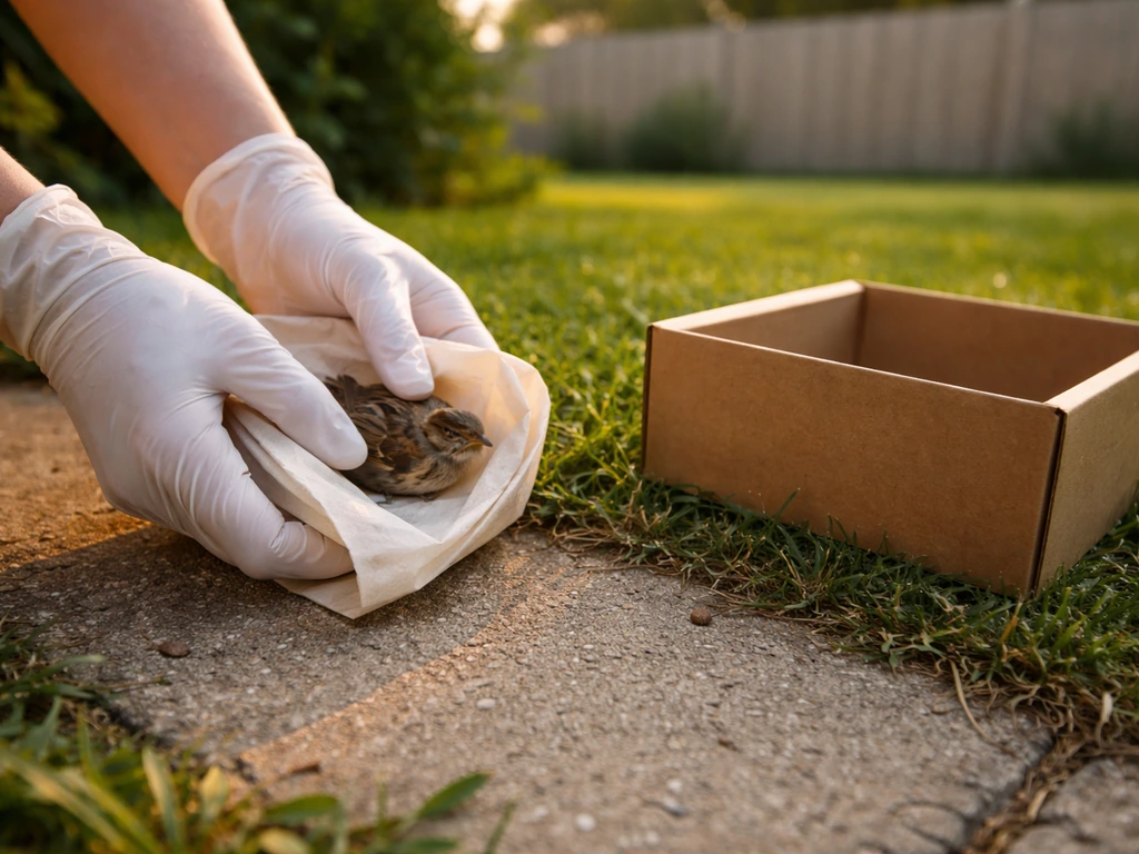 Gloved hands in a backyard gently scoop a stunned bird into a paper bag beside a cardboard box.