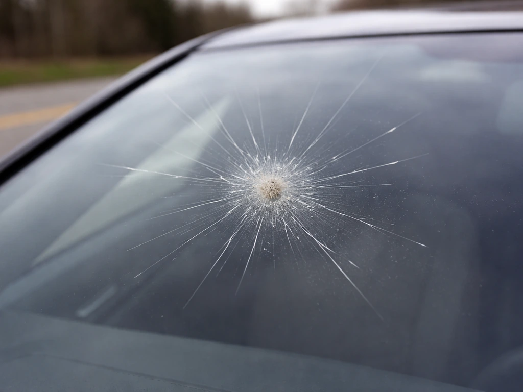 Close-up of a car windshield with a bird-strike impact point and spiderweb cracked glass.