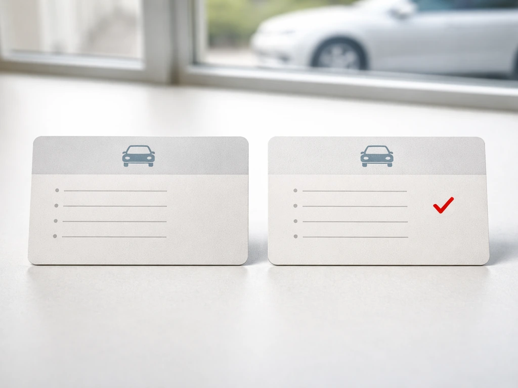 Two plain insurance policy cards on a desk, with a check mark on the right for comprehensive bird-damage coverage.