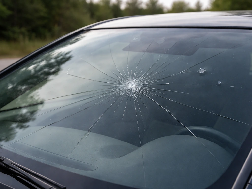 Close-up of a car windshield with a spiderweb crack from a bird strike, parked roadside in daylight.