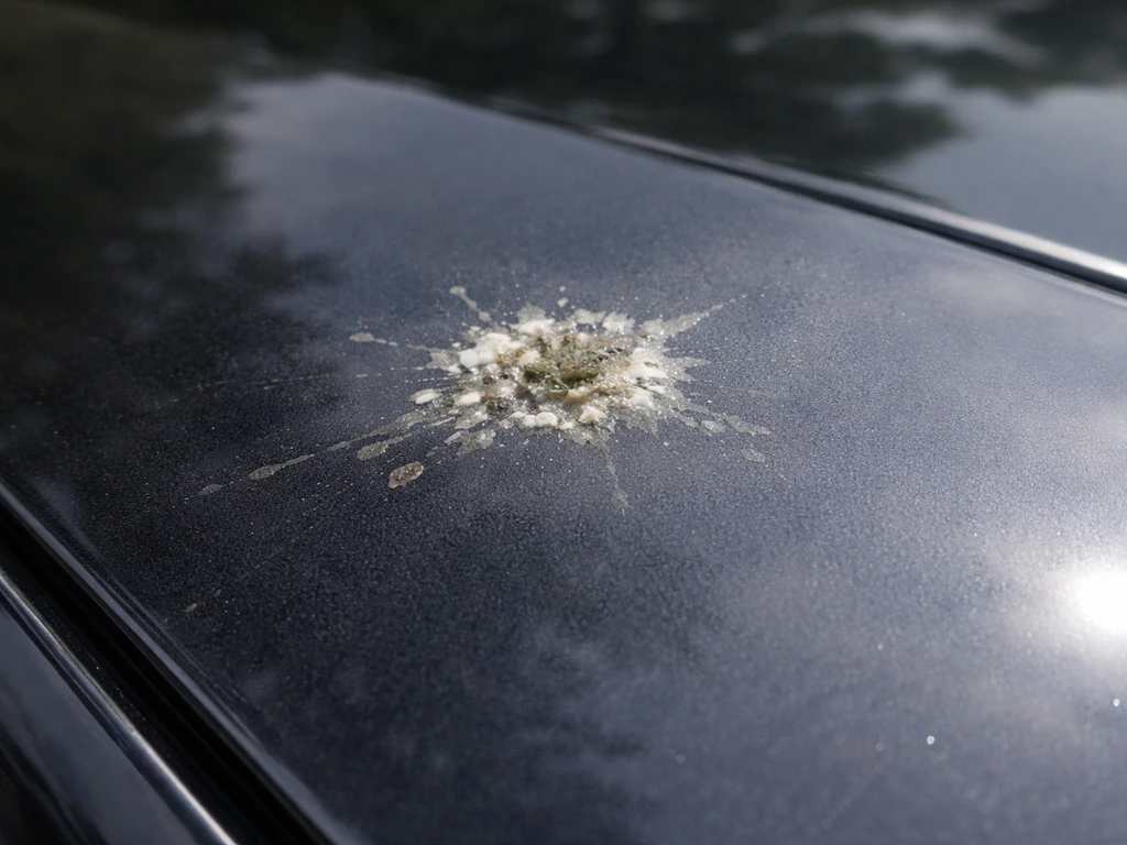 Close-up of bird droppings on a car’s paint with faint etched dull spots around them.