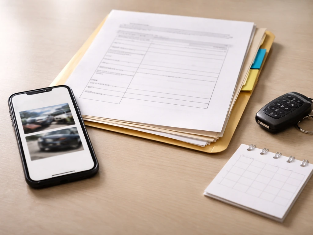 Smartphone photos and vehicle-damage paperwork laid out beside an estimate folder and keys