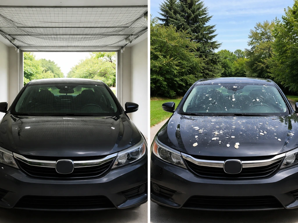 Car parked under a covered garage with a visible bird-deterrent cover, contrasted with an uncovered spot.