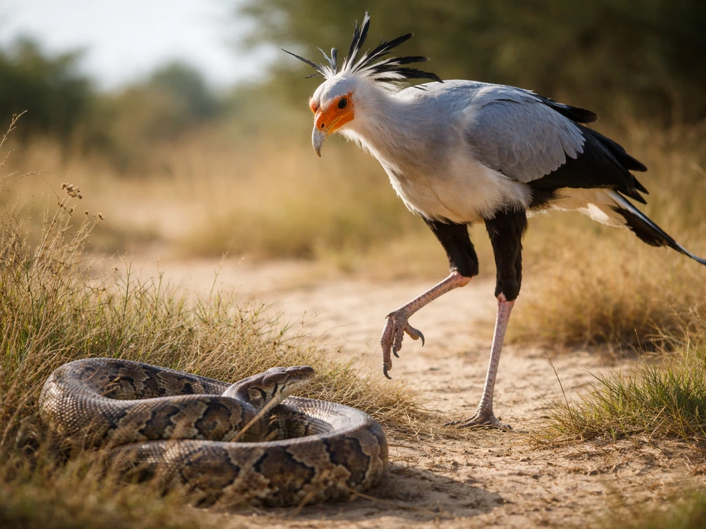 Secretary bird on savanna ground near a coiled python, tense but non-violent wildlife moment.
