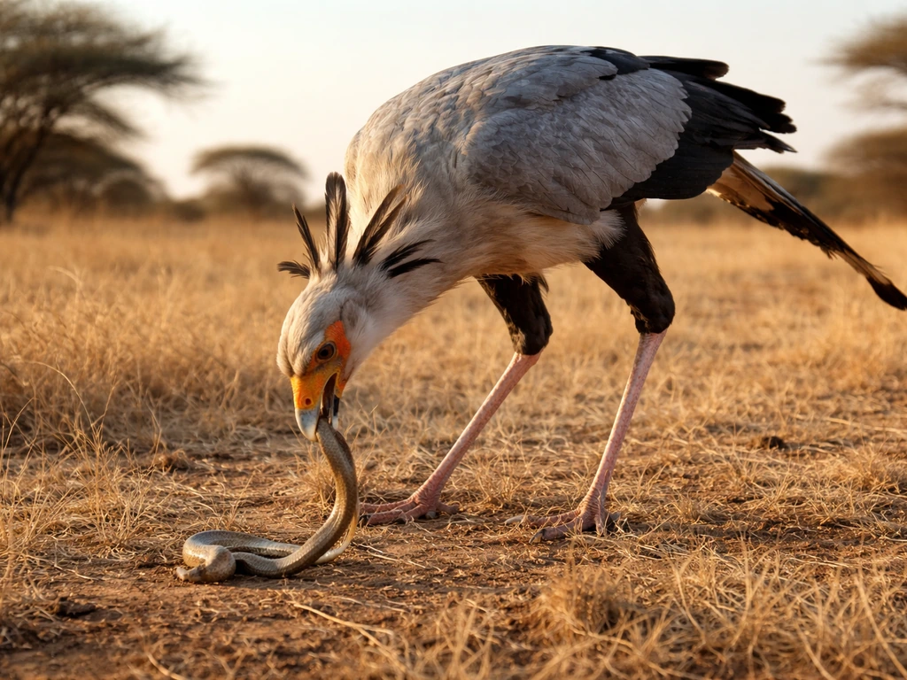 Secretary bird on savanna grass feeding on a small snake, head lowered, natural sunlight.