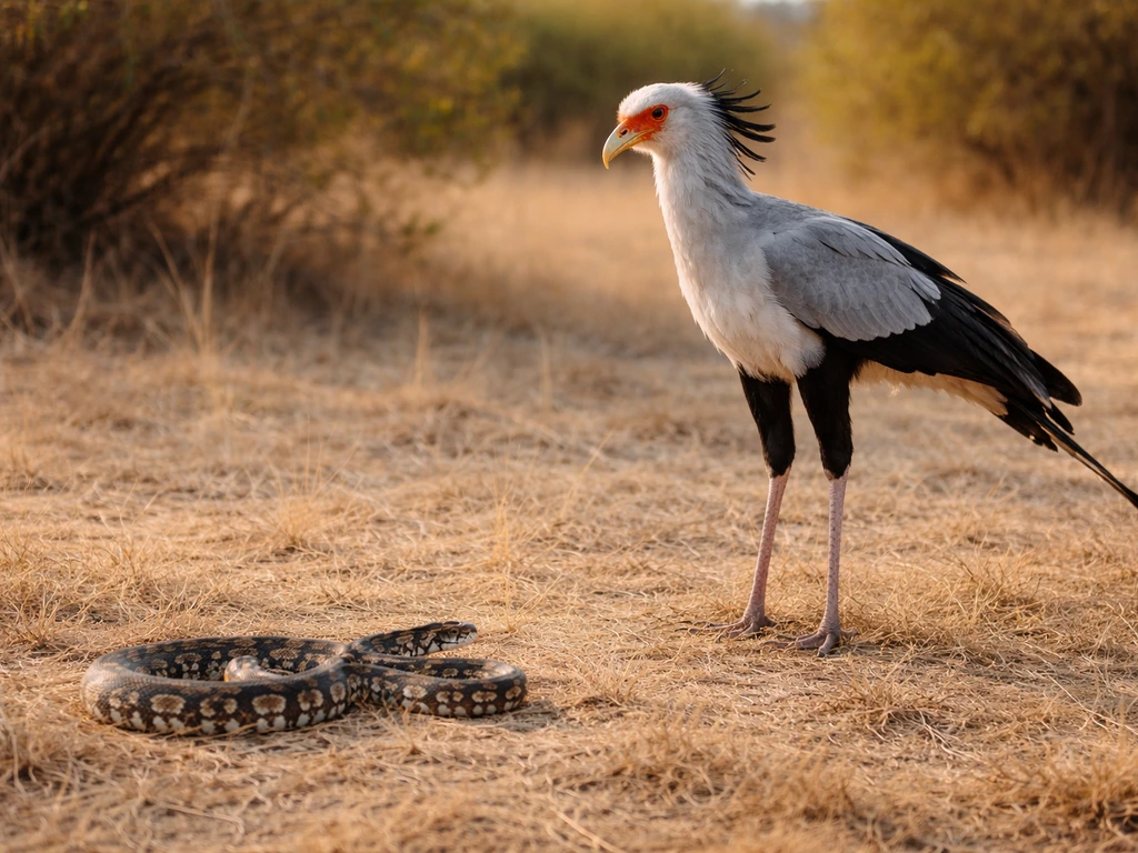Secretary bird standing beside a small juvenile python to show relative size and feasibility.