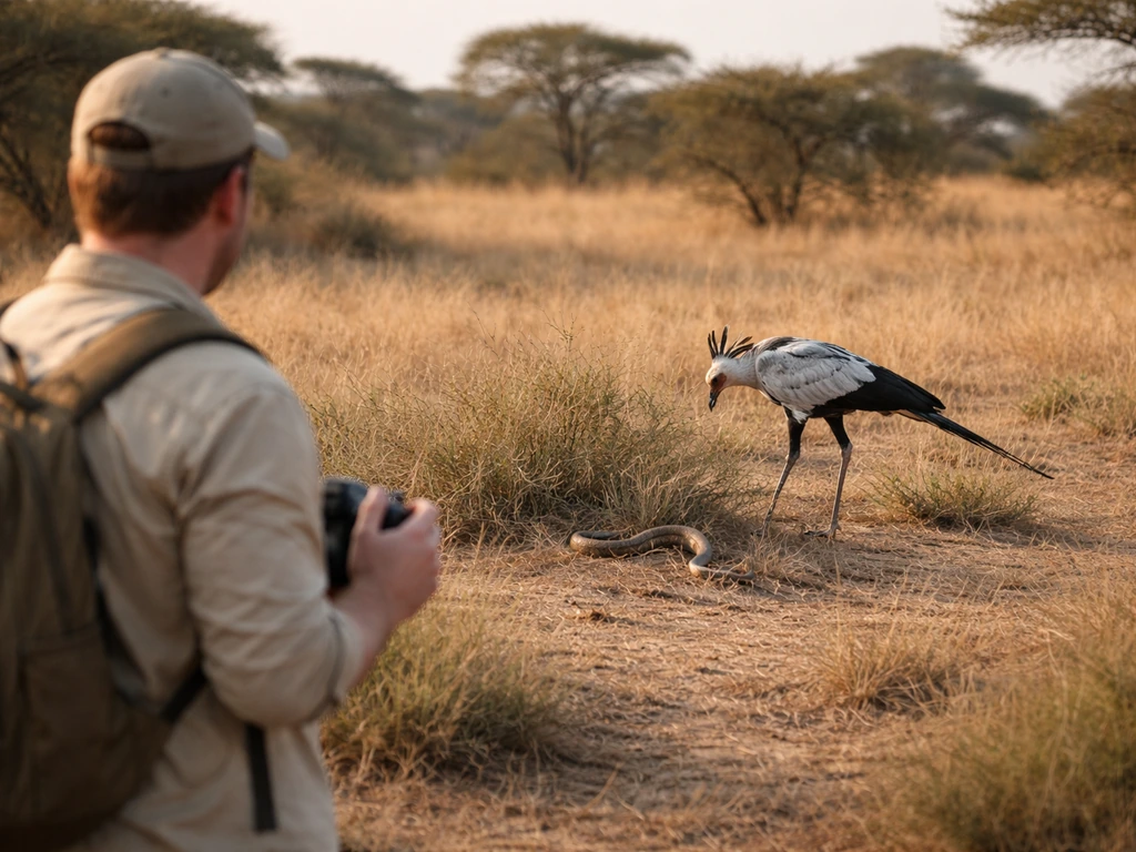 Person observing secretary bird near a snake from a safe distance in the wild savanna.