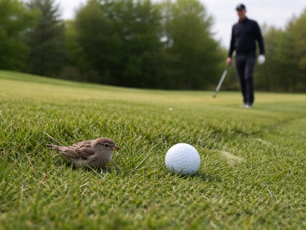 Golf ball just struck near a small bird on the fairway as a golfer pauses nearby.