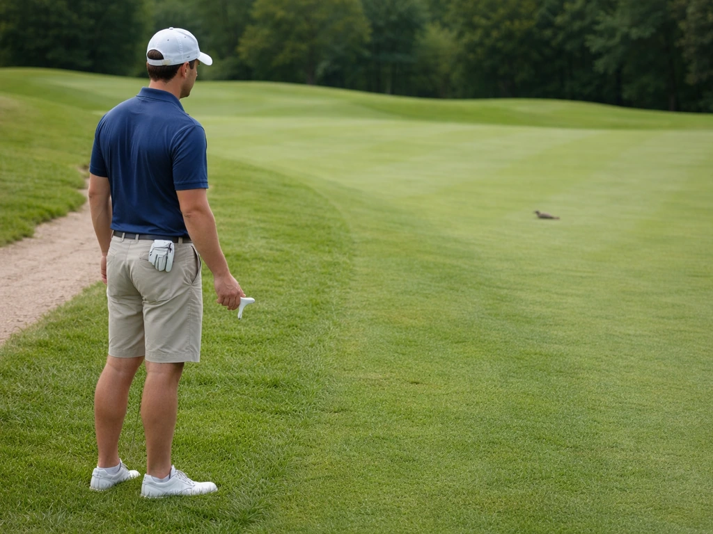 Golfer stops play and marks the likely ball spot with a glove/tee while staying back from a nearby bird.
