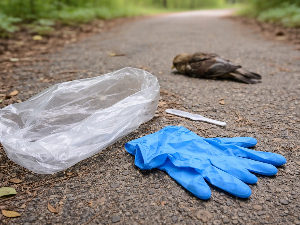 Disposable gloves and plastic bag placed beside a visibly injured bird on a park path, no bare-hand contact.