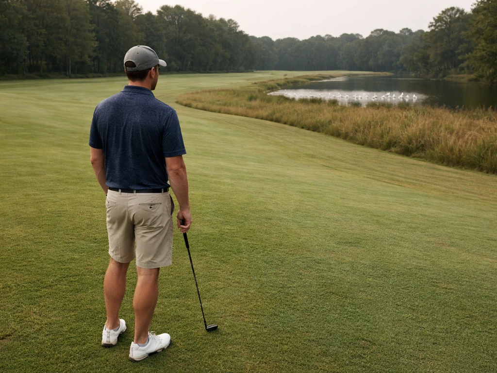 Anonymous golfer pauses and scans for birds near water and rough before taking a shot.