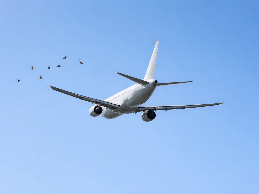 Commercial passenger jet flying above scattered small birds in the sky