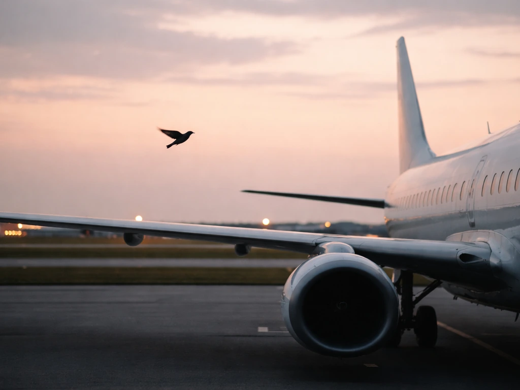 Airport runway at dusk with an airplane wing and a small bird in flight near the path
