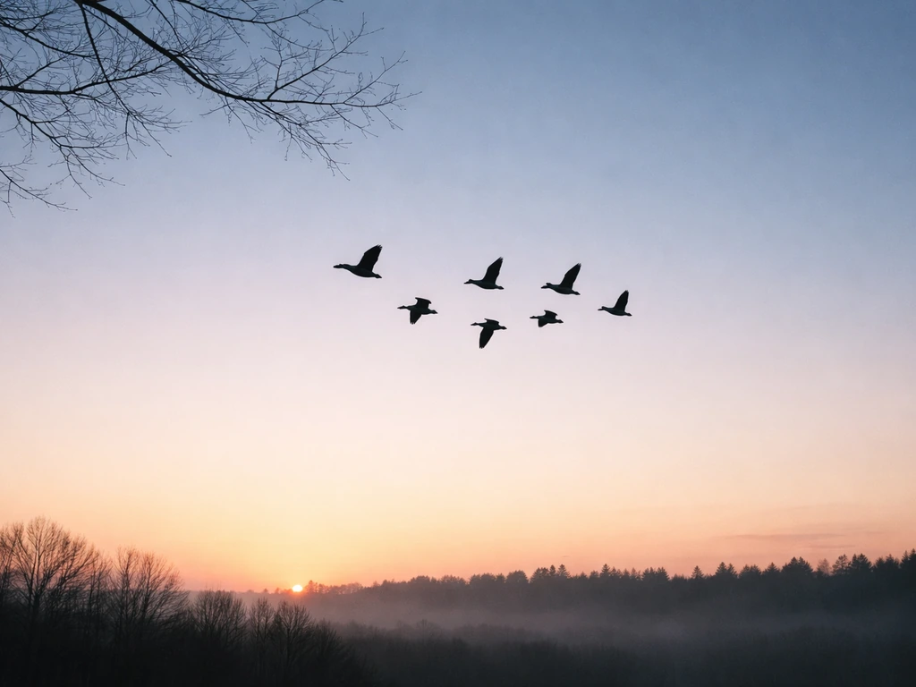 Flock of birds silhouetted in a moody spring sky at dawn, suggesting migration peak time.