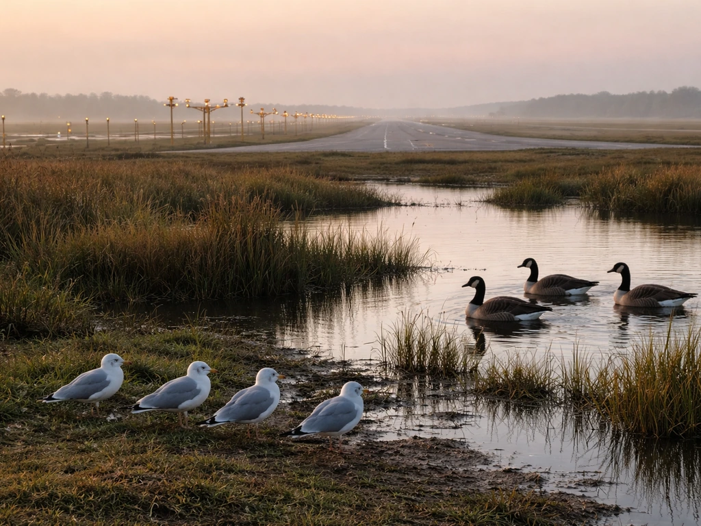 Gulls and geese near a quiet airport runway by wetlands and open water at golden hour.