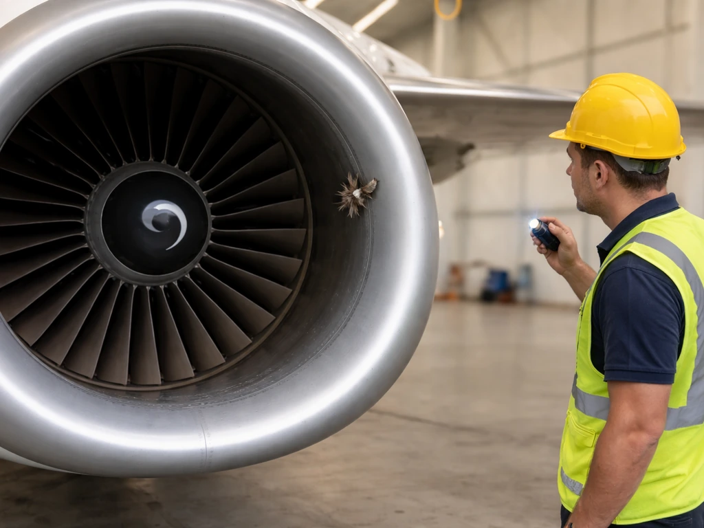 Maintenance worker inspecting a plane’s front engine inlet with non-graphic bird remains after a strike