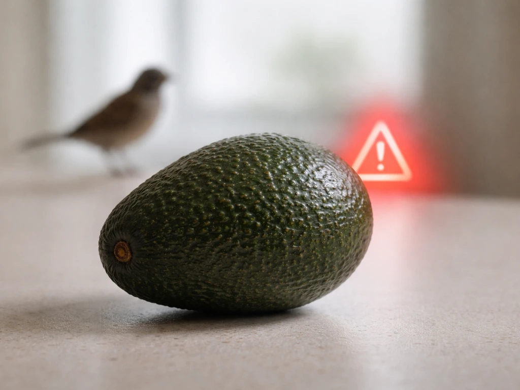 Close-up of a whole avocado with a small bird silhouette in the background, subtle warning glow nearby.