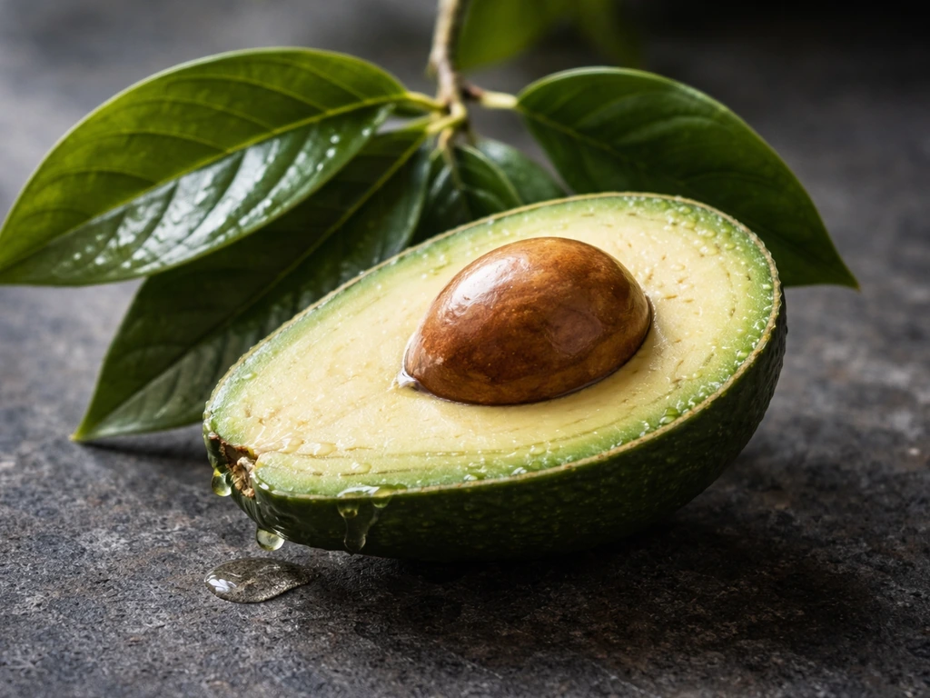 Macro of avocado leaves, flesh, and pit on dark stone under natural light.