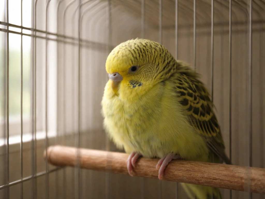 Small caged bird hunched with fluffed feathers, looking unusually quiet and less alert.
