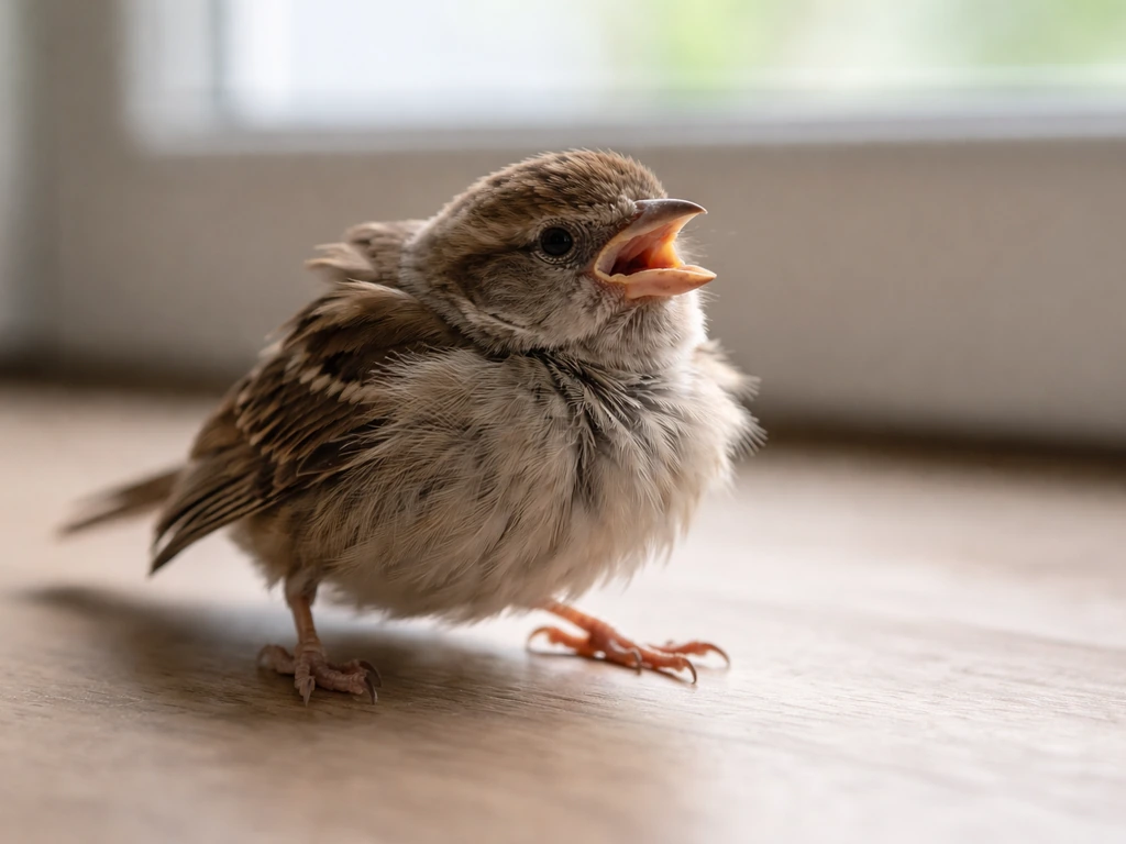 Small bird with open beak in an unstable perch-like stance, looking like it’s struggling to breathe.
