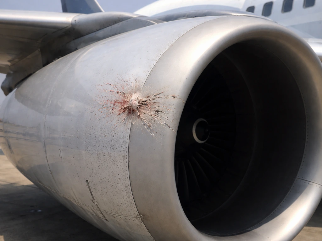 Close-up of an airplane engine nacelle showing a bird-strike impact mark and scuffed damage.