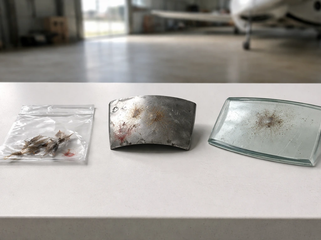 Workbench in an airport hangar showing three bird-strike evidence examples side by side: feathers, cowling damage, and g