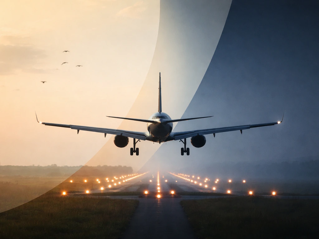 Jet aircraft on approach shown in daylight vs nighttime lighting, with a subtle day-emphasis overlay.