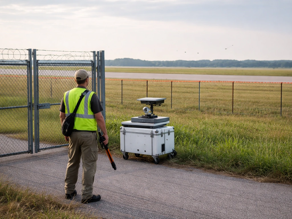 Wildlife officer and monitoring equipment by airport fencing, with empty runway edge and distant birds