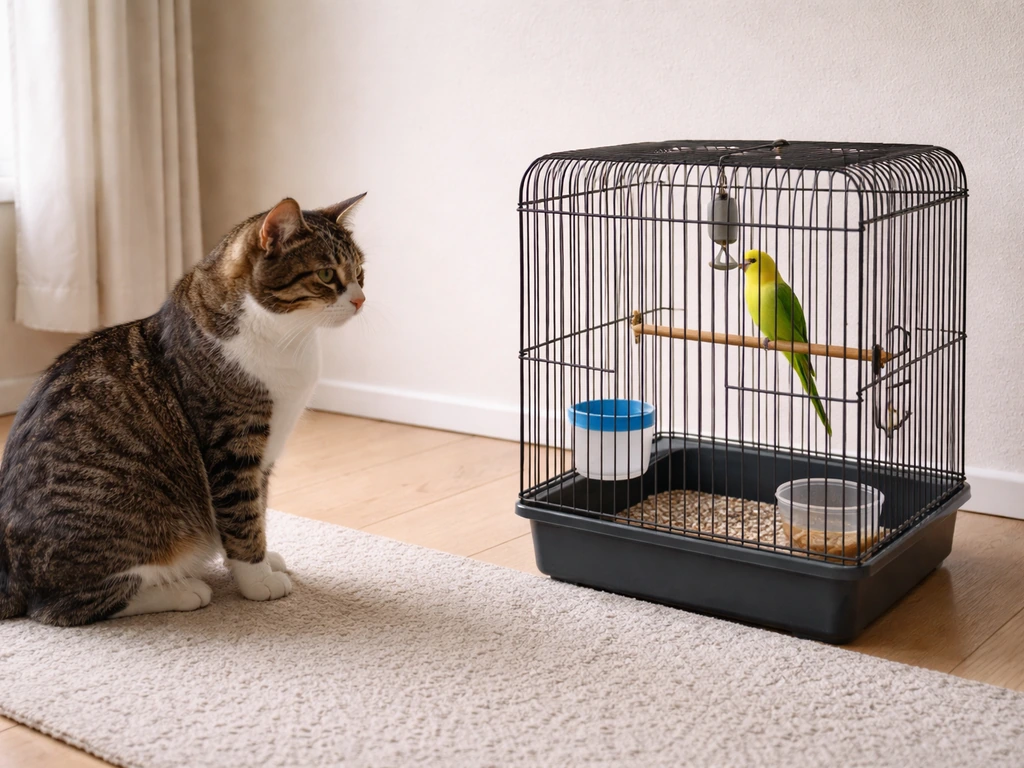 Cat outside a closed bird cage staring at a small bird perched inside, in a bright indoor room.