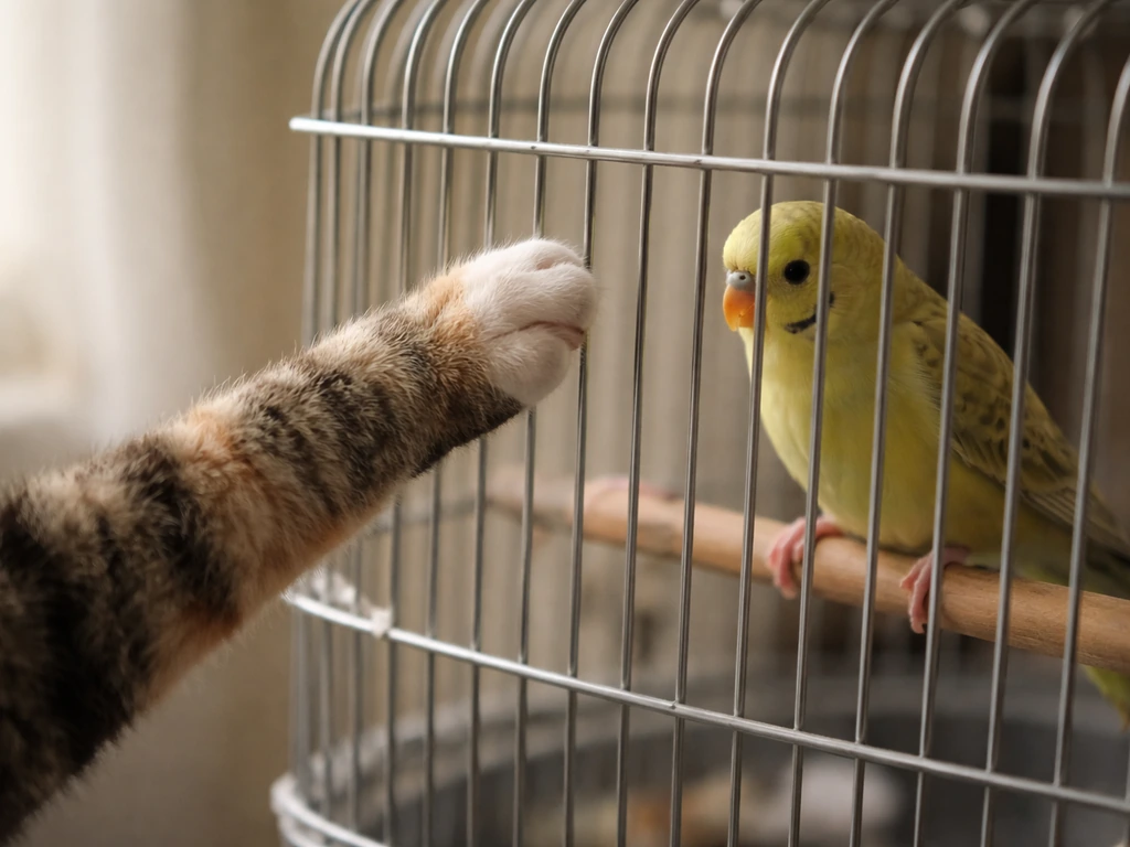 A cat paw reaches toward a caged bird through metal bars, showing the cage isn’t safety.