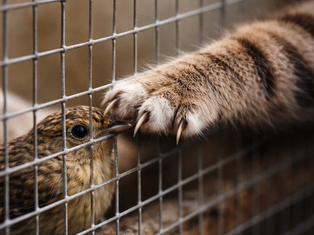 Close-up of a cat’s paw and claws reaching through wire mesh to contact a bird outside the cage.