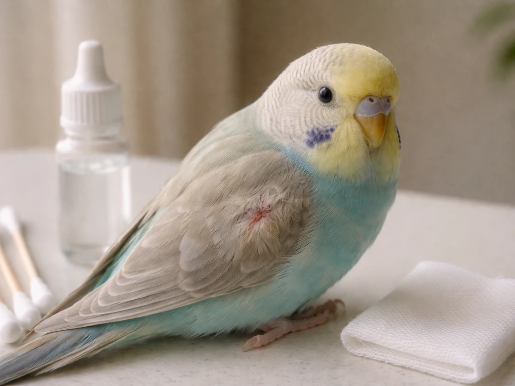 Small bird perched on a table with subtle puncture wound and nearby wound-care swabs and gauze.
