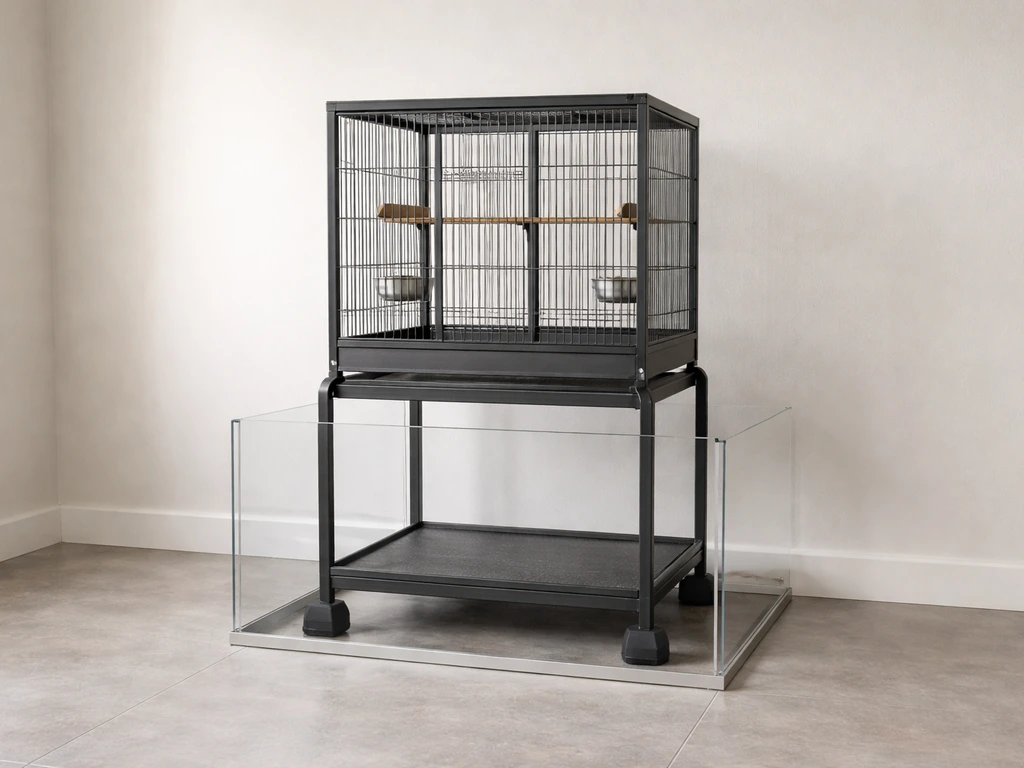 Sturdy heavy-gauge welded steel bird cage on a stable anchored stand with a simple barrier around it.