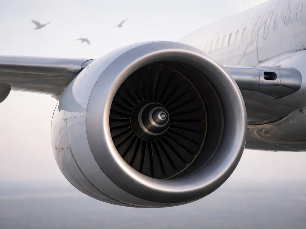 Close-up of an airplane engine intake with small bird silhouettes in the distant background.