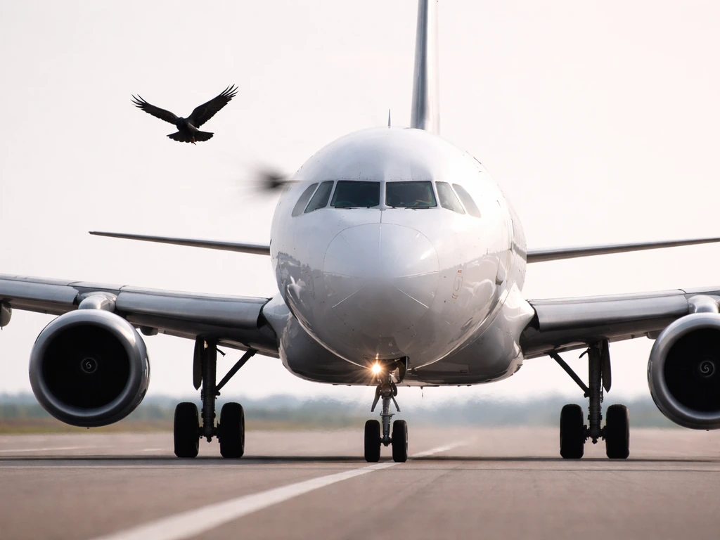 Aircraft on runway with a bird midair near the nose, suggesting a bird strike during takeoff/landing.