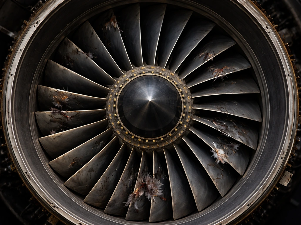 Cutaway jet engine cross-section showing fan and compressor blades damaged by a bird impact