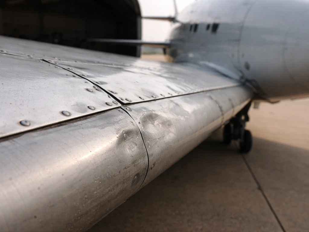 Close-up of a damaged aircraft wing and radome area showing dents and deformed panel seams.