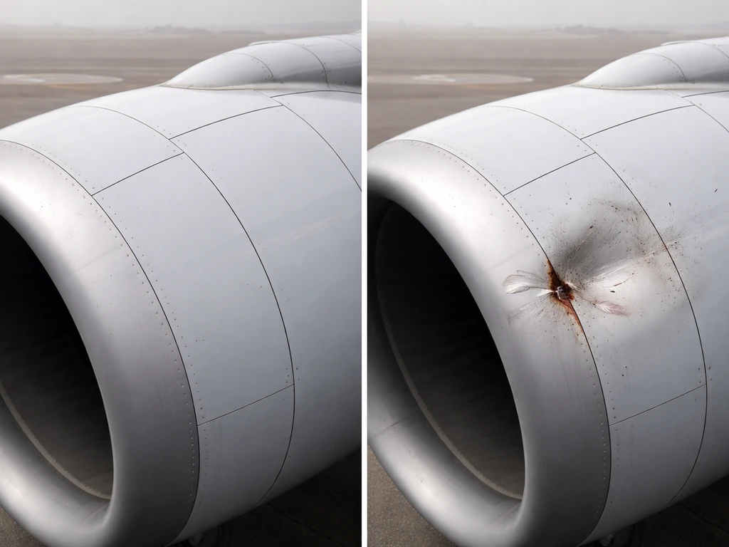 Left view shows smooth aircraft leading edge; right view shows dents and small cracks after a bird strike.