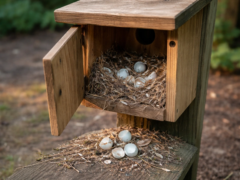 Raccoon raid scene on an outdoor bird nest box with disturbed bedding and scattered eggshells