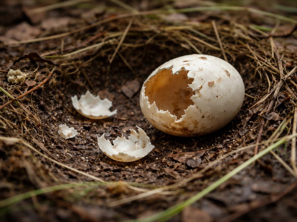 Close-up of an outdoor nest area with a partially opened egg and scattered tooth-marked shell fragments