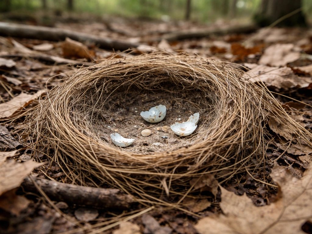 Empty snake-predation nest on forest floor with only a few shell fragments and minimal debris.