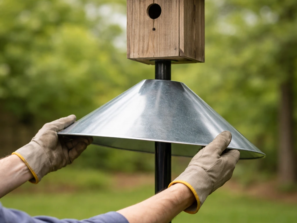 Gloved hands installing a conical metal predator guard baffle on a nest box pole outdoors to deter raiders.