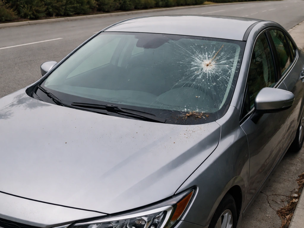 Car parked by the roadside with a windshield chip and spider crack from a bird strike.