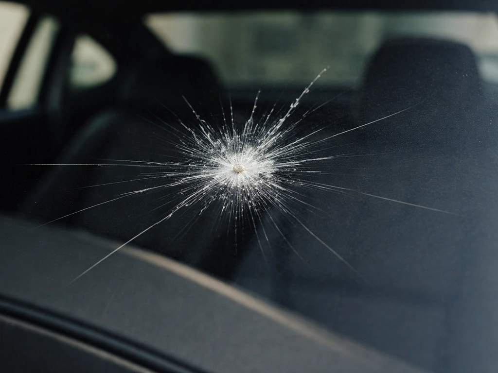Close-up of a laminated windshield with a realistic bird-strike chip and radiating cracks