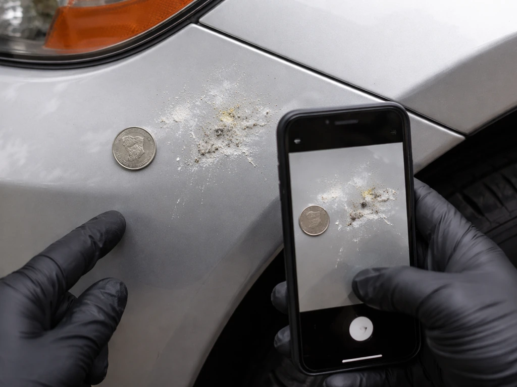 Gloved hands taking car damage photos on a phone, with coin for size reference beside bird-strike impact.