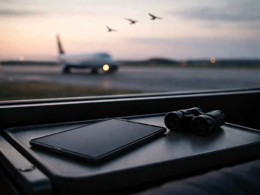 Airport runway at dusk with a distant jet silhouette and blurred birds, symbolizing commercial bird strikes data