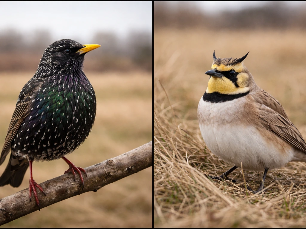 Close-up European starling and horned lark perched outdoors in daylight with muted background.